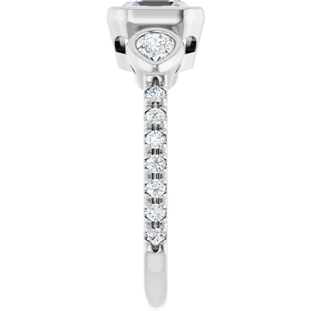 14K White Gold 1 1/4 CTW Asscher-Cut Diamond Engagement Ring with Pear Side Stones and Bezel Setting