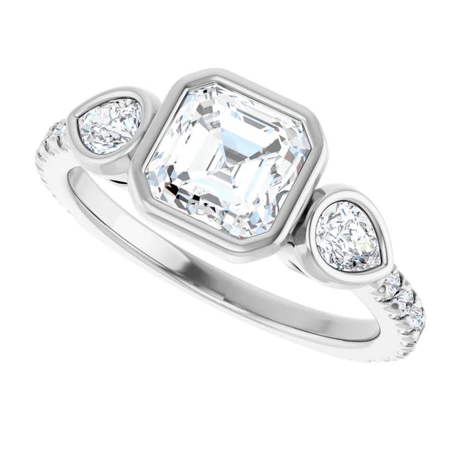 14K White Gold 1 1/4 CTW Asscher-Cut Diamond Engagement Ring with Pear Side Stones and Bezel Setting