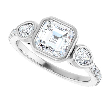 14K White Gold 1 1/4 CTW Asscher-Cut Diamond Engagement Ring with Pear Side Stones and Bezel Setting