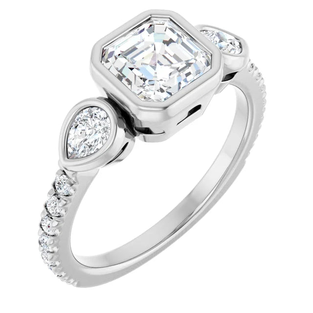 14K White Gold 1 1/4 CTW Asscher-Cut Diamond Engagement Ring with Pear Side Stones and Bezel Setting