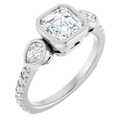 14K White Gold 1 1/4 CTW Asscher-Cut Diamond Engagement Ring with Pear Side Stones and Bezel Setting