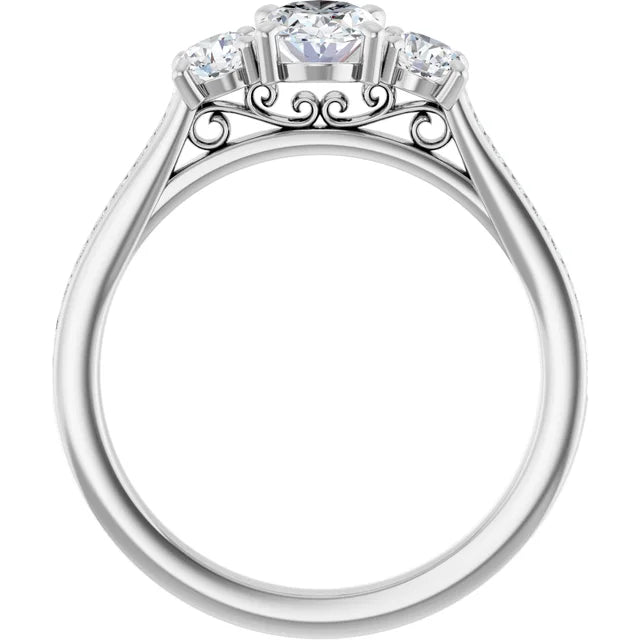 14K White Gold 1 1/4 CTW Oval-Cut Diamond Three-Stone Engagement Ring with Pavé Band