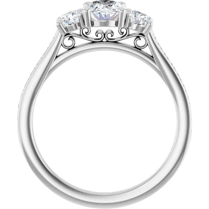 14K White Gold 1 1/4 CTW Oval-Cut Diamond Three-Stone Engagement Ring with Pavé Band