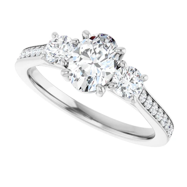 14K White Gold 1 1/4 CTW Oval-Cut Diamond Three-Stone Engagement Ring with Pavé Band