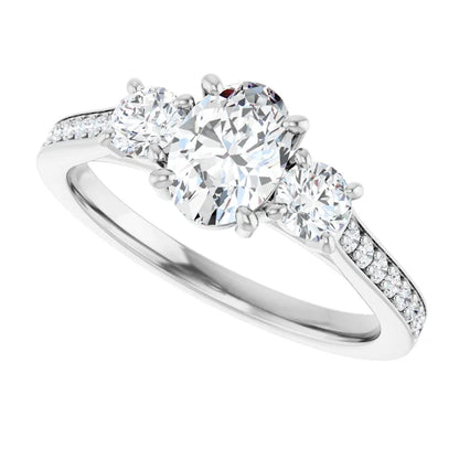 14K White Gold 1 1/4 CTW Oval-Cut Diamond Three-Stone Engagement Ring with Pavé Band