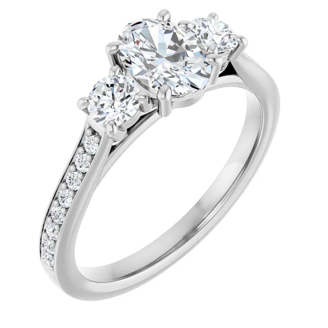 14K White Gold 1 1/4 CTW Oval-Cut Diamond Three-Stone Engagement Ring with Pavé Band