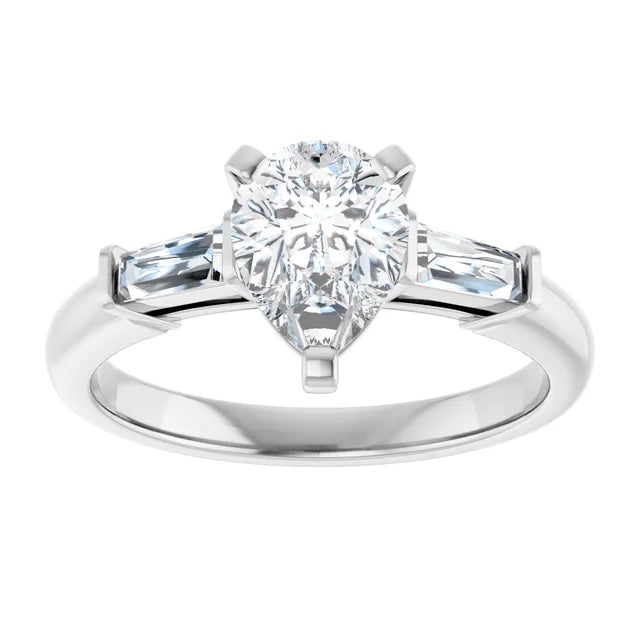 14K White Gold 1 1/4 CTW Pear-Cut Diamond Three-Stone Engagement Ring with Baguette Accents