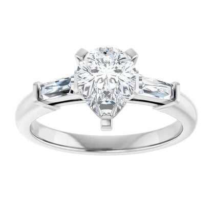 14K White Gold 1 1/4 CTW Pear-Cut Diamond Three-Stone Engagement Ring with Baguette Accents