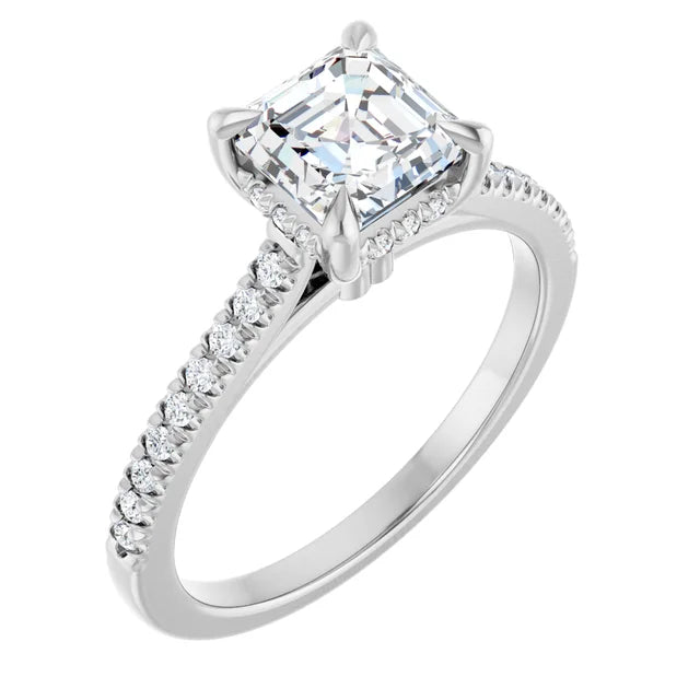 14K White Gold 1 1/5 CTW Asscher-Cut Diamond Engagement Ring with Pave Band