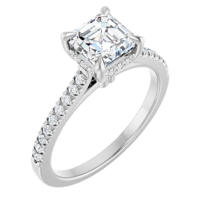 14K White Gold 1 1/5 CTW Asscher-Cut Diamond Engagement Ring with Pave Band