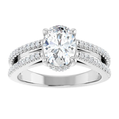 14K White Gold 1 1/5 CTW Oval-Cut Diamond Engagement Ring with Split Shank Pavé Accents