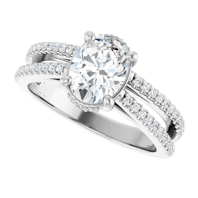 14K White Gold 1 1/5 CTW Oval-Cut Diamond Engagement Ring with Split Shank Pavé Accents