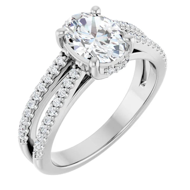 14K White Gold 1 1/5 CTW Oval-Cut Diamond Engagement Ring with Split Shank Pavé Accents
