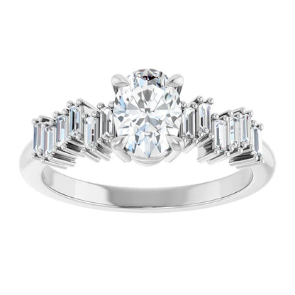 14K White Gold 1 1/8 CTW Oval-Cut Diamond Engagement Ring with Baguette Accents