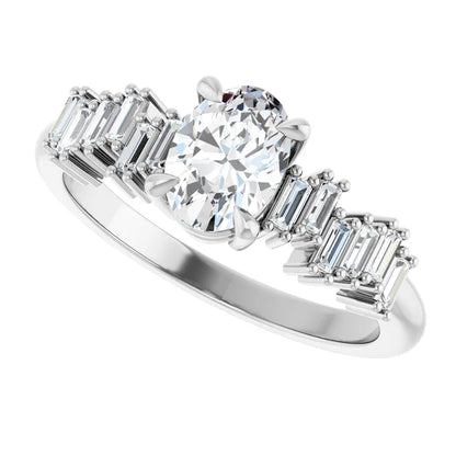 14K White Gold 1 1/8 CTW Oval-Cut Diamond Engagement Ring with Baguette Accents