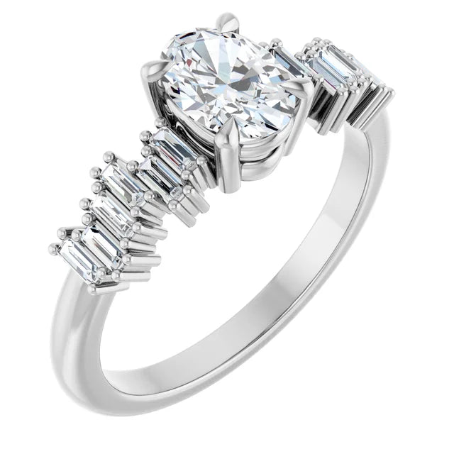14K White Gold 1 1/8 CTW Oval-Cut Diamond Engagement Ring with Baguette Accents