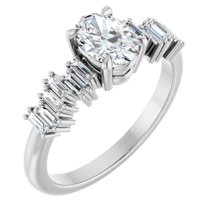 14K White Gold 1 1/8 CTW Oval-Cut Diamond Engagement Ring with Baguette Accents