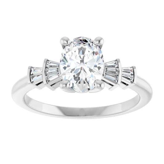 14K White Gold 1 1/8 CTW Oval-Cut Diamond Engagement Ring with Tapered Baguette Accents