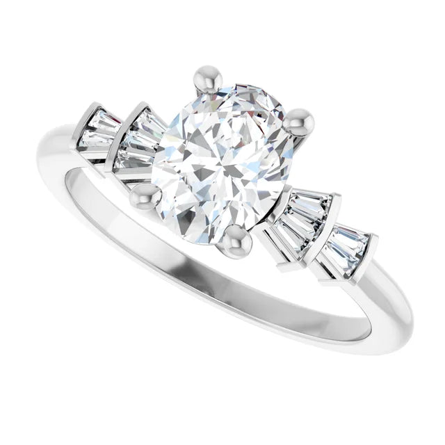 14K White Gold 1 1/8 CTW Oval-Cut Diamond Engagement Ring with Tapered Baguette Accents