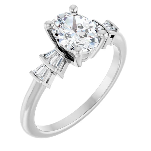 14K White Gold 1 1/8 CTW Oval-Cut Diamond Engagement Ring with Tapered Baguette Accents