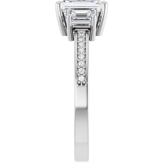 14K White Gold 1 5/8 CTW Emerald-Cut Diamond Three-Stone Engagement Ring with Pavé Band