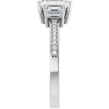 14K White Gold 1 5/8 CTW Emerald-Cut Diamond Three-Stone Engagement Ring with Pavé Band
