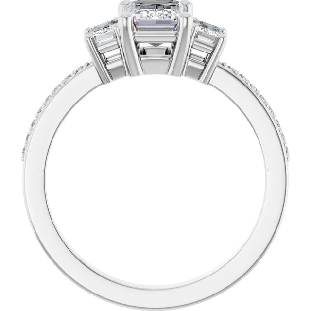 14K White Gold 1 5/8 CTW Emerald-Cut Diamond Three-Stone Engagement Ring with Pavé Band
