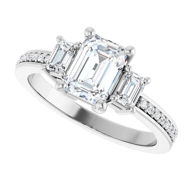 14K White Gold 1 5/8 CTW Emerald-Cut Diamond Three-Stone Engagement Ring with Pavé Band