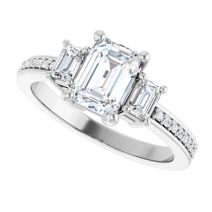 14K White Gold 1 5/8 CTW Emerald-Cut Diamond Three-Stone Engagement Ring with Pavé Band