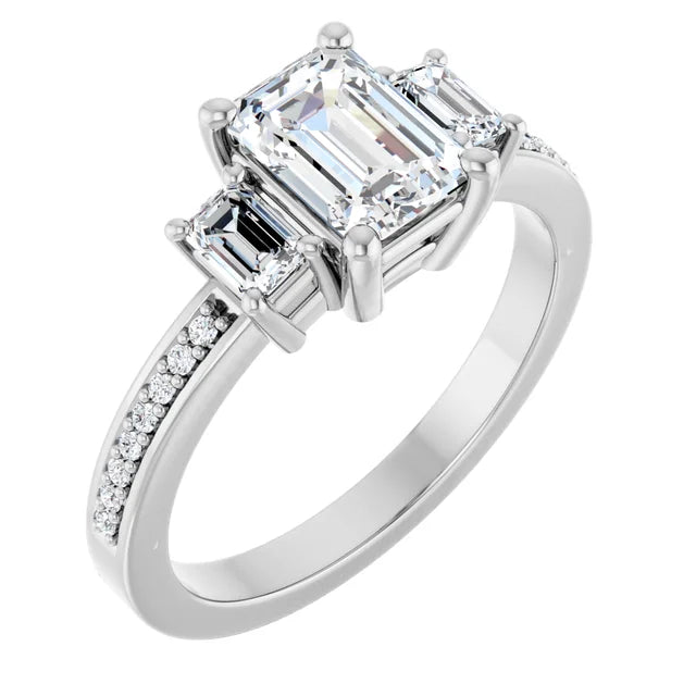 14K White Gold 1 5/8 CTW Emerald-Cut Diamond Three-Stone Engagement Ring with Pavé Band