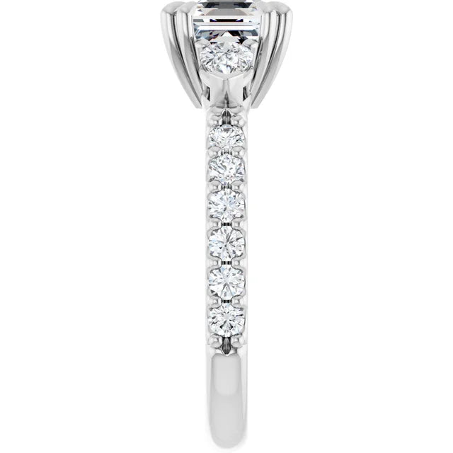 14K White Gold 1 7/8 CTW Asscher-Cut Diamond Engagement Ring with Pear Side Stones and Pave Band