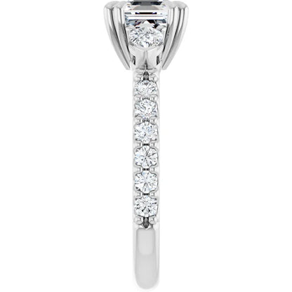 14K White Gold 1 7/8 CTW Asscher-Cut Diamond Engagement Ring with Pear Side Stones and Pave Band