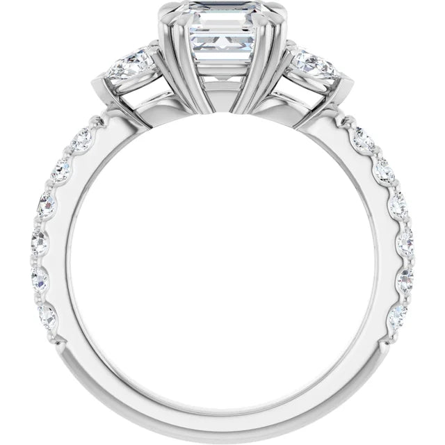 14K White Gold 1 7/8 CTW Asscher-Cut Diamond Engagement Ring with Pear Side Stones and Pave Band