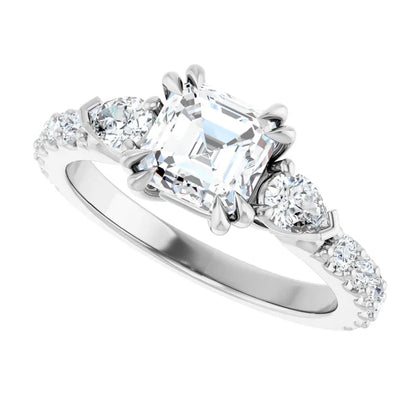 14K White Gold 1 7/8 CTW Asscher-Cut Diamond Engagement Ring with Pear Side Stones and Pave Band