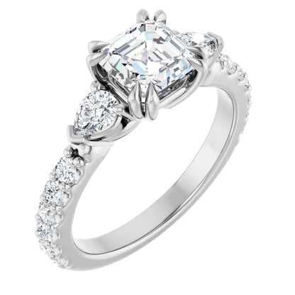 14K White Gold 1 7/8 CTW Asscher-Cut Diamond Engagement Ring with Pear Side Stones and Pave Band