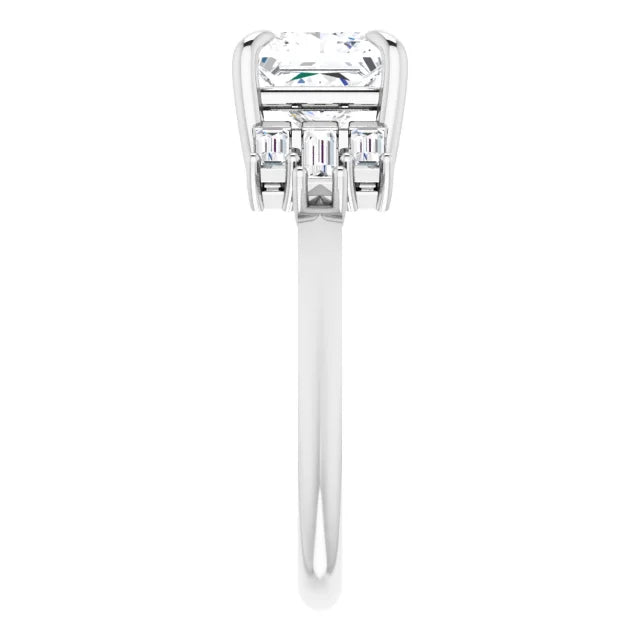 14K White Gold 1 CT Princess-Cut Diamond Engagement Ring with Baguette Accents