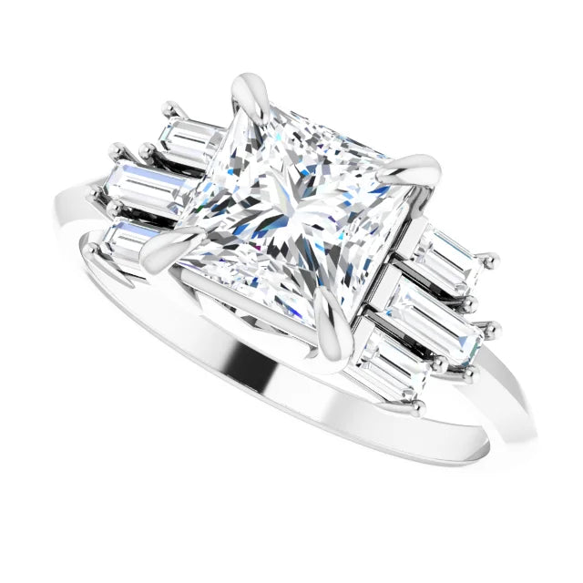 14K White Gold 1 CT Princess-Cut Diamond Engagement Ring with Baguette Accents