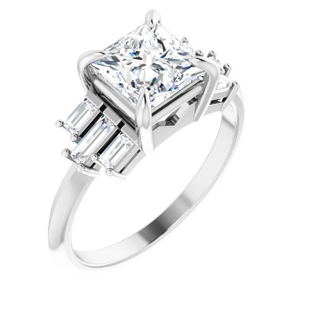 14K White Gold 1 CT Princess-Cut Diamond Engagement Ring with Baguette Accents