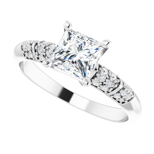 14K White Gold 1 CT Princess-Cut Diamond Engagement Ring with Pave Accents