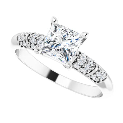 14K White Gold 1 CT Princess-Cut Diamond Engagement Ring with Pave Accents