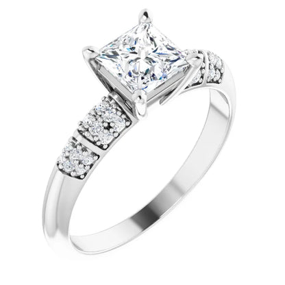 14K White Gold 1 CT Princess-Cut Diamond Engagement Ring with Pave Accents