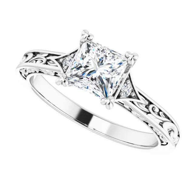 14K White Gold 1 CT Princess-Cut Diamond Vintage Filigree Engagement Ring