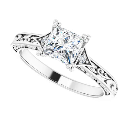 14K White Gold 1 CT Princess-Cut Diamond Vintage Filigree Engagement Ring