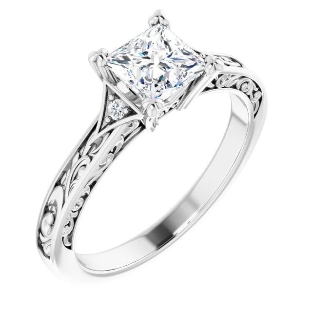 14K White Gold 1 CT Princess-Cut Diamond Vintage Filigree Engagement Ring