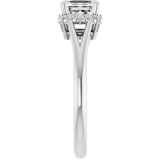 14K White Gold 1 CTW Asscher-Cut Diamond Engagement Ring with Half Halo and Split Shank
