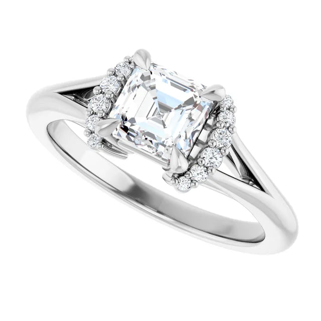 14K White Gold 1 CTW Asscher-Cut Diamond Engagement Ring with Half Halo and Split Shank