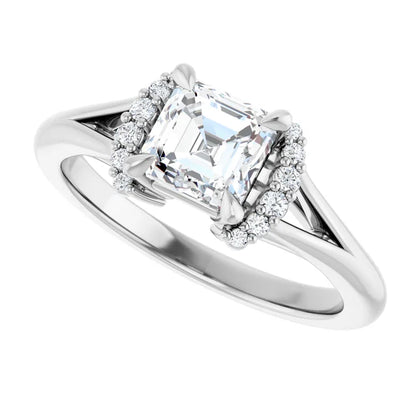 14K White Gold 1 CTW Asscher-Cut Diamond Engagement Ring with Half Halo and Split Shank