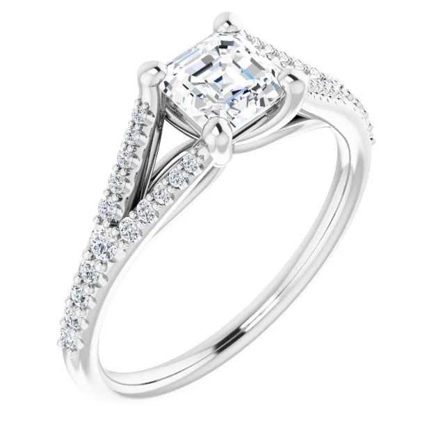 14K White Gold 1 CTW Asscher-Cut Diamond Engagement Ring with Split Shank Accents
