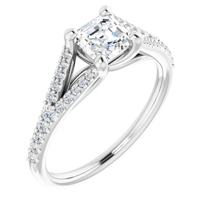 14K White Gold 1 CTW Asscher-Cut Diamond Engagement Ring with Split Shank Accents