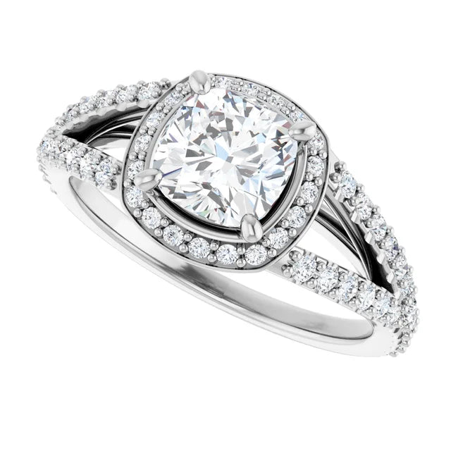 14K White Gold 1 CTW Cushion Halo Split Shank Diamond Engagement Ring